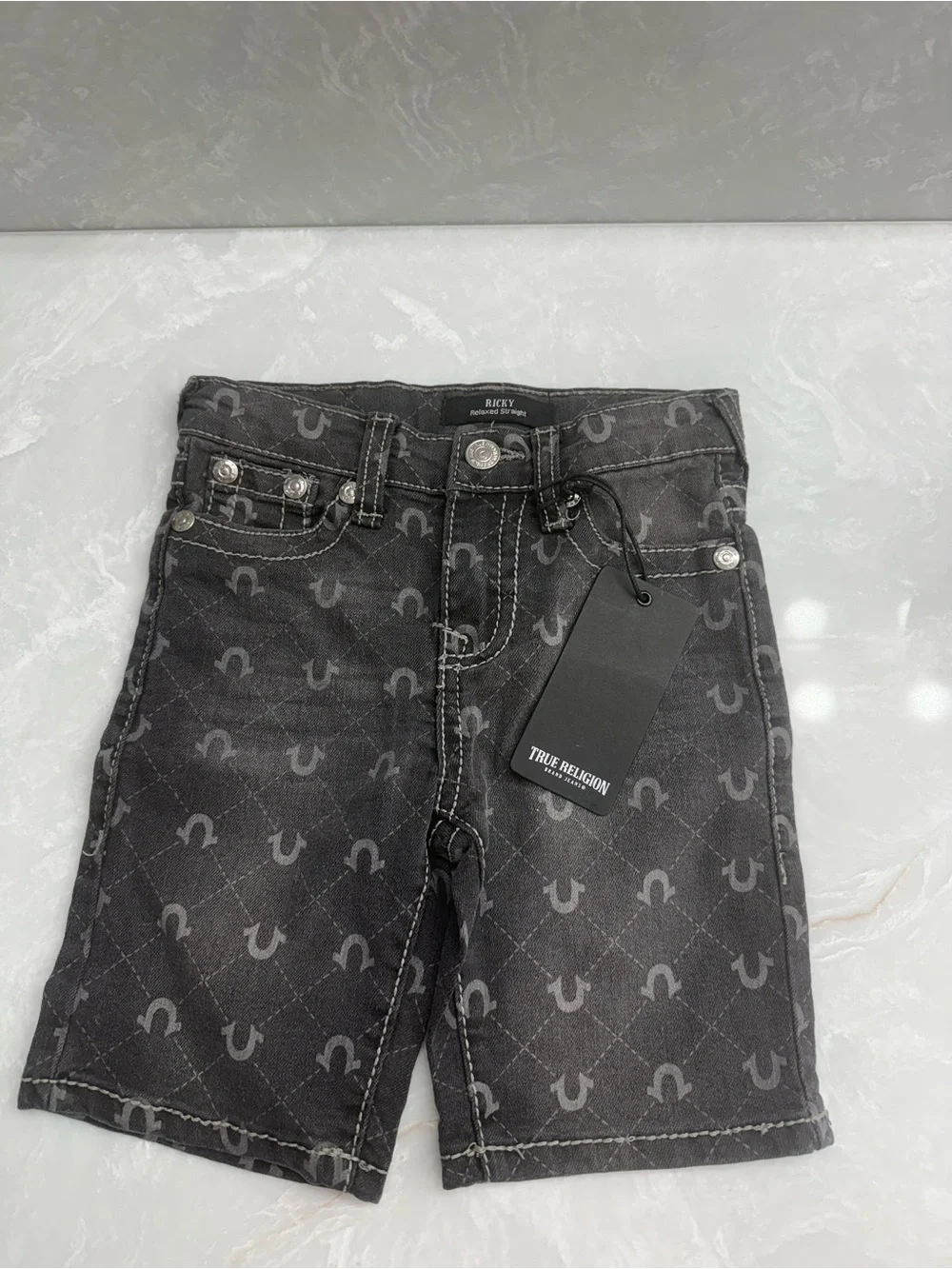 True Religion Black/Gray Kids Logo Denim Shorts